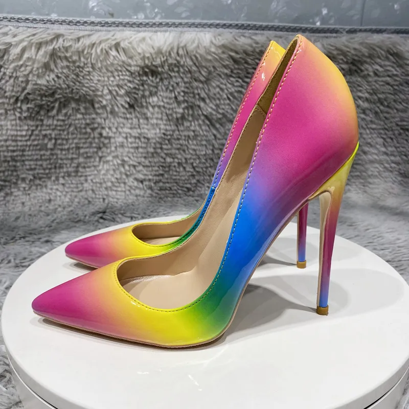 

Autumn New Super High Heel Rainbow High Heels Patent Leather Pointed Shallow Mouth Stiletto Bridal Shoes Sexy Single Shoes