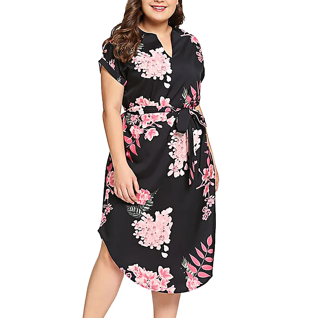 Женское платье с v образным вырезом и коротким рукавом летнее цветочным принтом