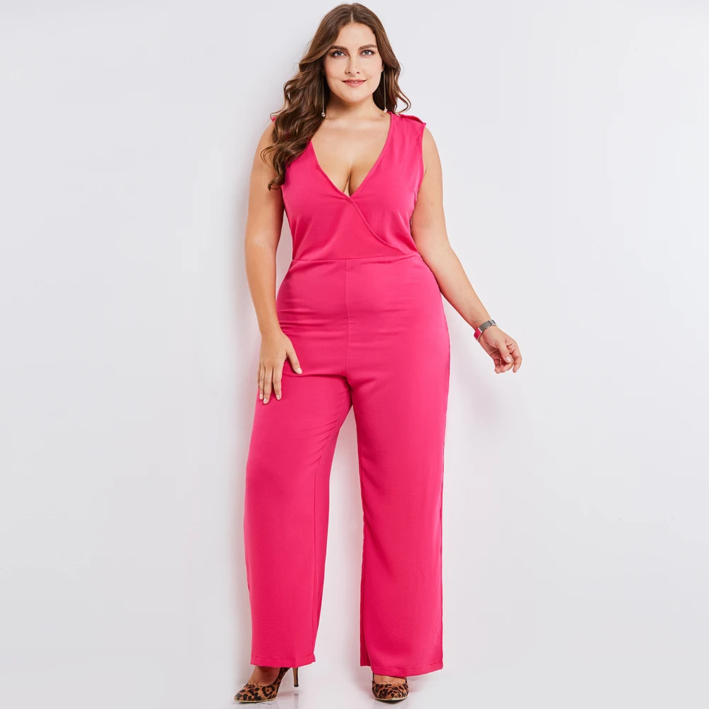 

Plus Size Plain V-Neck Full Length Wide Legs Women's Jumpsuit Slim Plus Size Plain Cotton Blends Plusee Jumpsuit