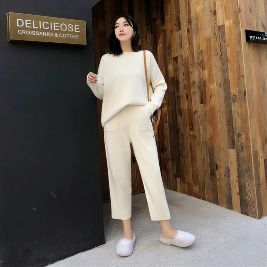 Autumn Winter Knitted Set Women Thick Warm O-Neck Loose Knit Suit Slim Pocket Harem Pants Oversized Casual Elegant Black Clothes