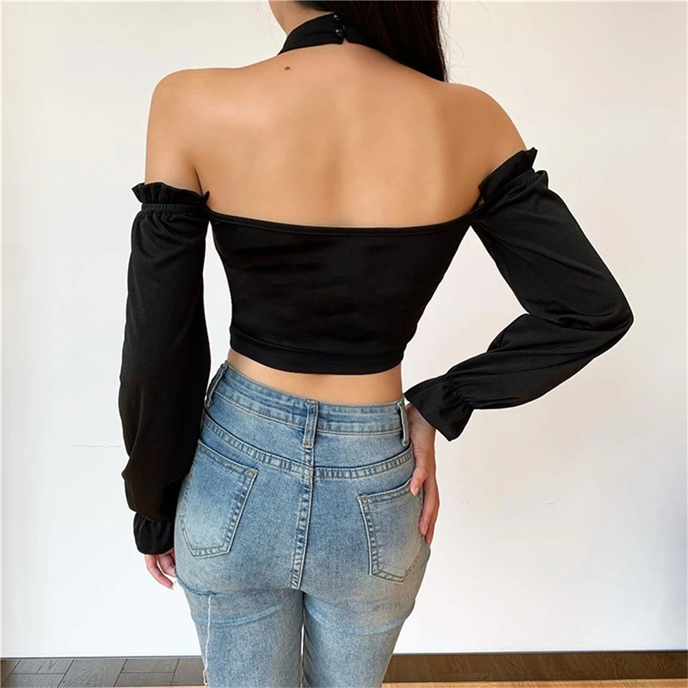 Женская Черная Футболка Goth Dark футболка в стиле Харадзюку с открытыми плечами и