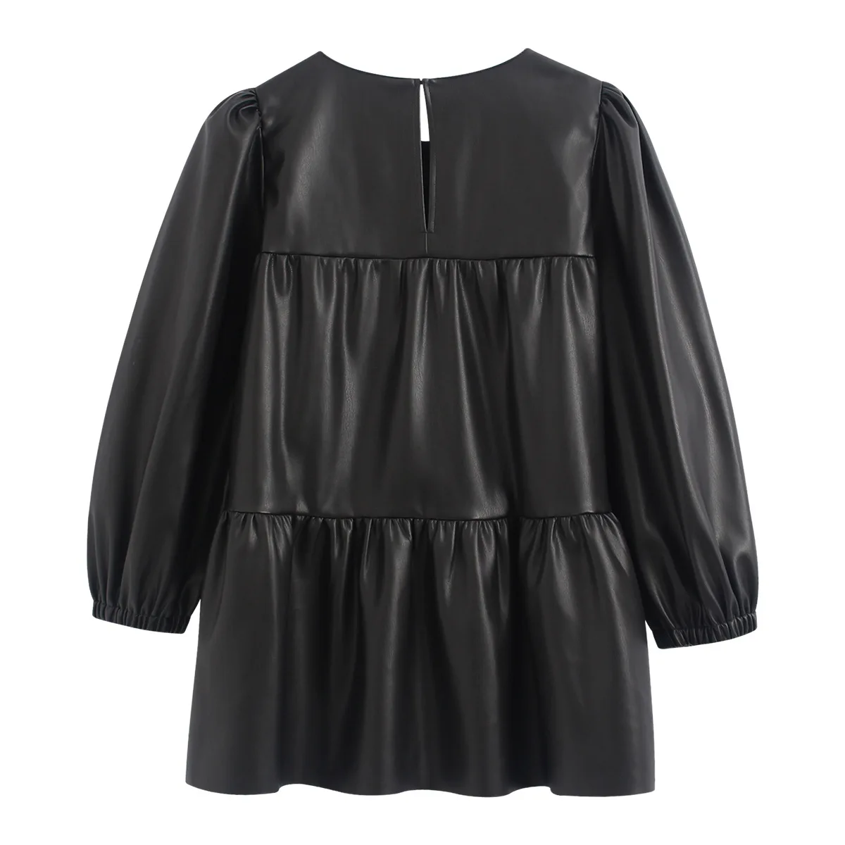 

Winter Short Short Sleeve Faux Leather Crew Neck Loose Fresh Sweet Pullover Long Black Korean-style Leather Coat