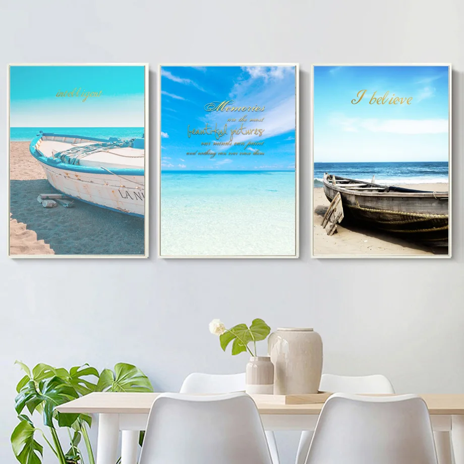 Голубое небо пляж корабль пейзаж роспись искусство холст живопись скандинавские