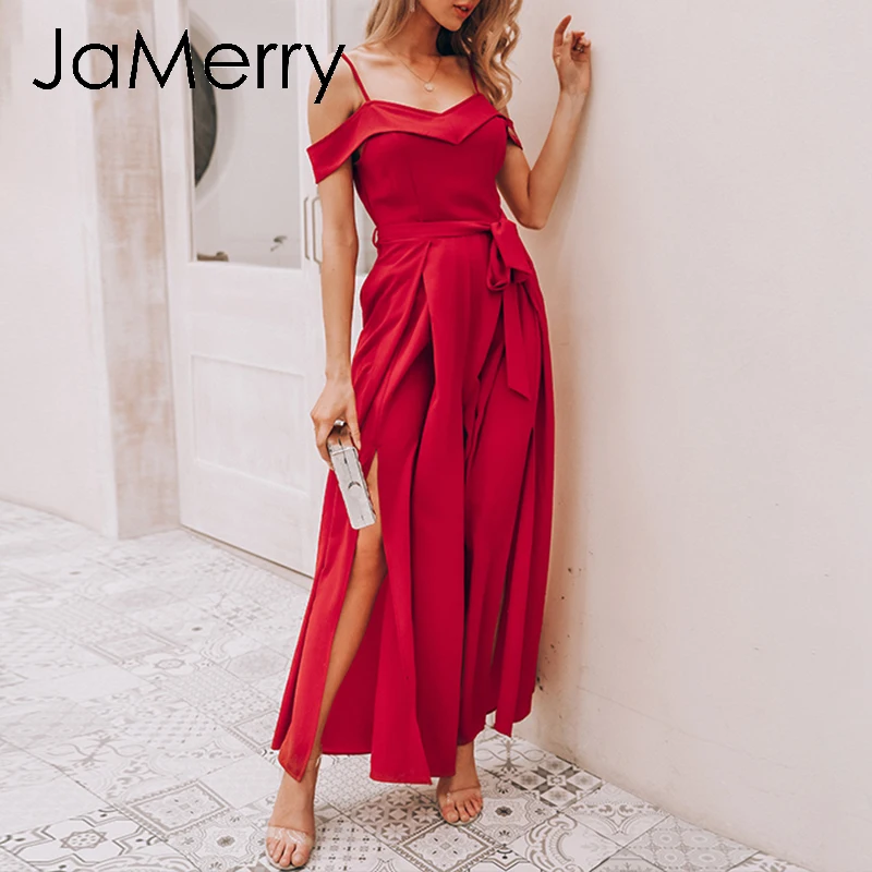 JaMerry, сексуальный, с открытыми плечами, длинный детский комбинезон, женский, черный, однотонный, с широкими штанинами, длинный комбинезон, повседневный комбинезон, уличная одежда, комбинезоны