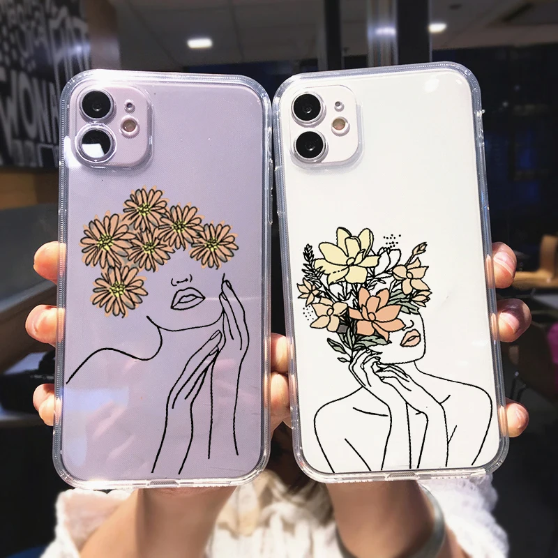 Прозрачный чехол ZUIDID INS с рисунком цветов и линий для iPhone 12 Pro MAX 11 XS X 7 SE 20 XR 8Plus