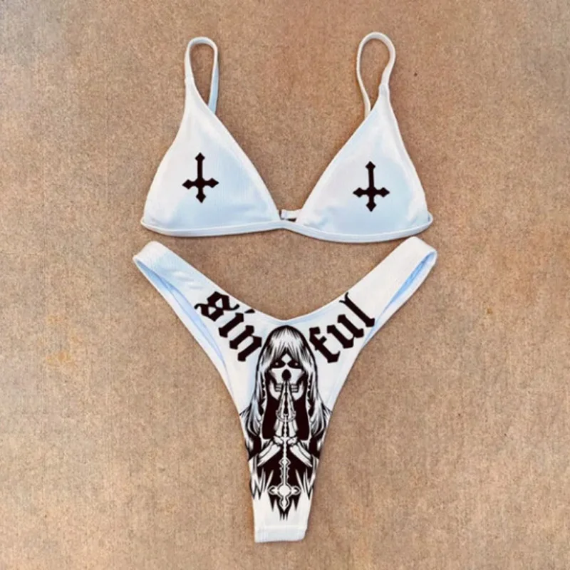 

Women Funny Letters Print 2Pcs Bikini Suits Sexy Deep V-neck Detachable Breast Pad Sling Tops Triangle Bottoms Swimsuits 2021