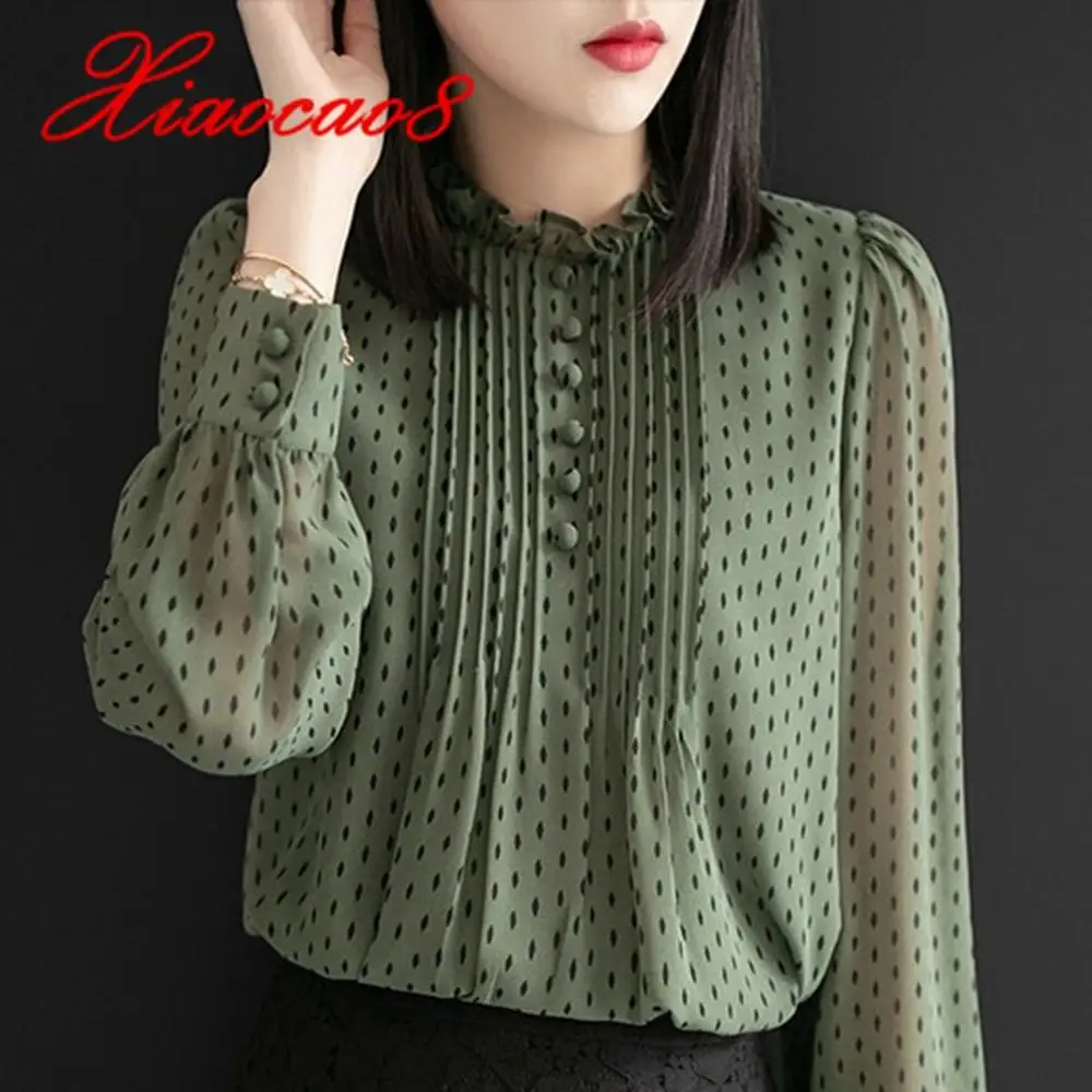 

Pluse Size Chiffon Blouse Women Long Sleeve Ruffled Tops Ladies Elegant Dot Shirts Womens Clothing Casual Blouses Woman Blusas