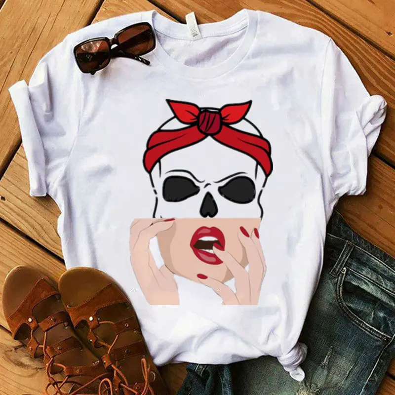 

New Fashion Women Tshirt Harajuku Skull Deer Camouflage Burlap Turban T-shirt Clothes Short Sleeve Graphic Tops Goth Shirt