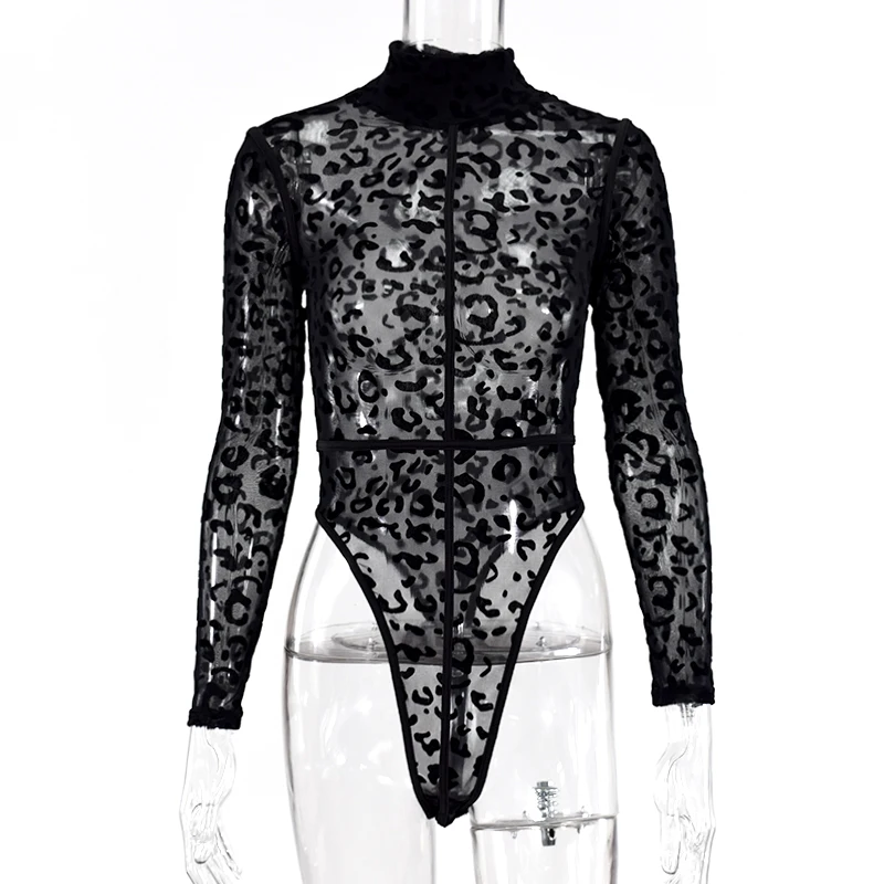 Женское боди с высоким воротником длинным рукавом и леопардовым принтом