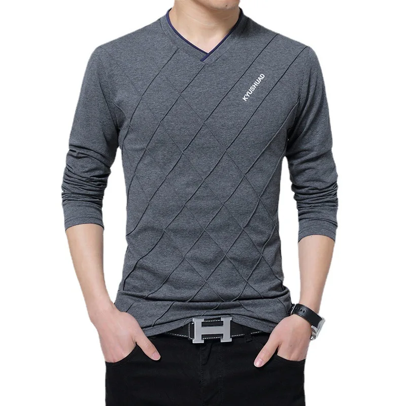 

T Shirt 2021 Men's Spring and Autumn Cotton New Long Sleeve V-neck Bottoming Shirt Korean Casual Plus Size Shirt Men Clothing