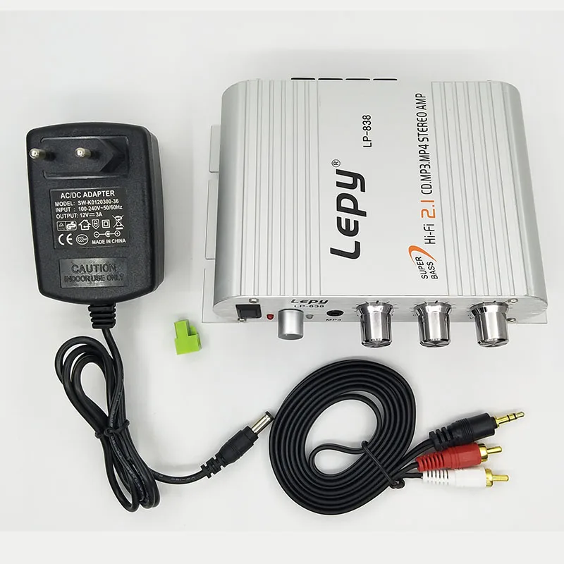 Серебристый С 12V3A мощность+ аудио кабель Lepy LP-838 Мини цифровой Hi-Fi автомобильный усилитель мощности 2.1CH цифровой сабвуфер стерео бас аудио плеер - Цвет: Серебристый