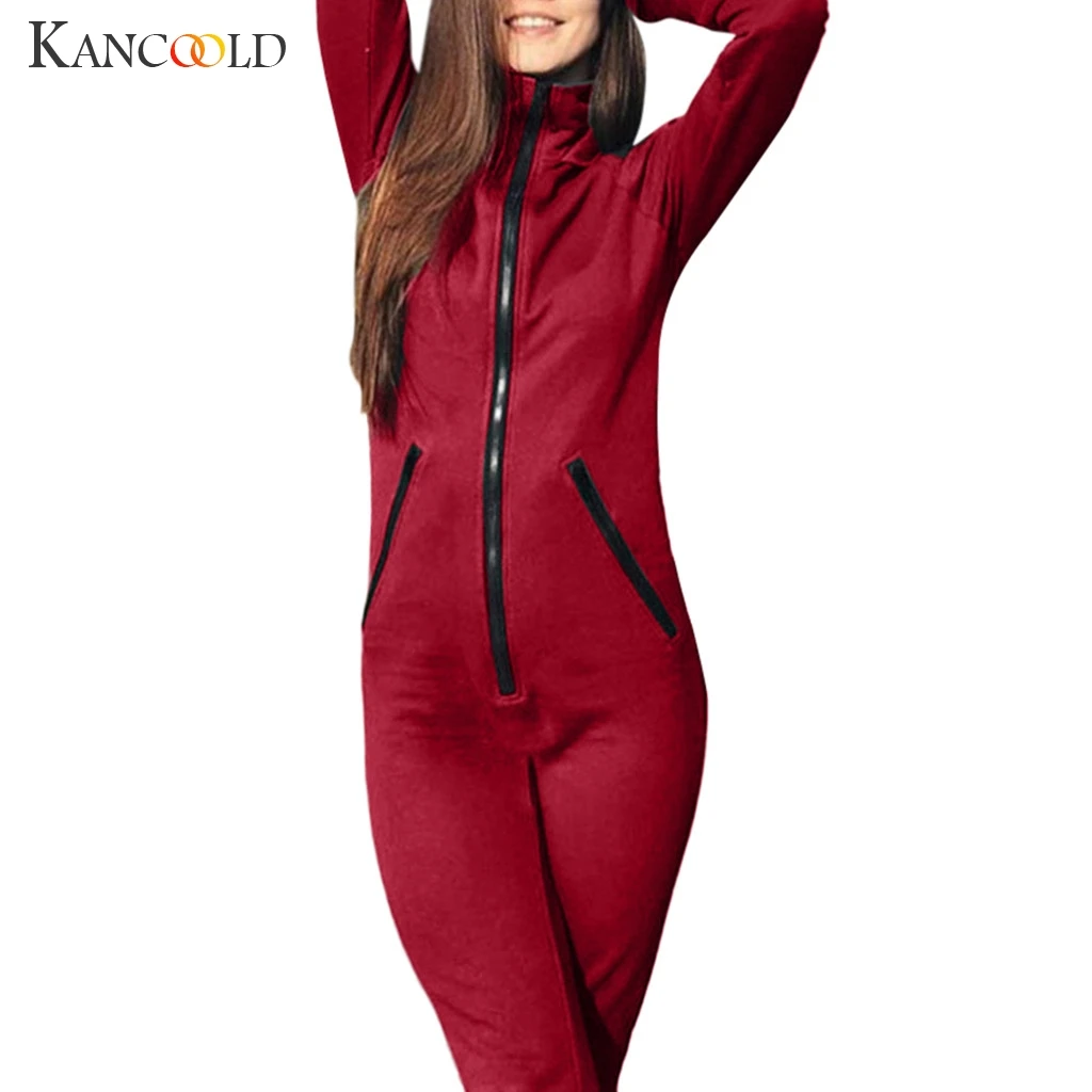 KANCOOLD, женский комбинезон, модный, Одноцветный, на молнии, облегающий, длинный рукав, спортивная одежда, комбинезоны, боди размера плюс, Комбинезоны