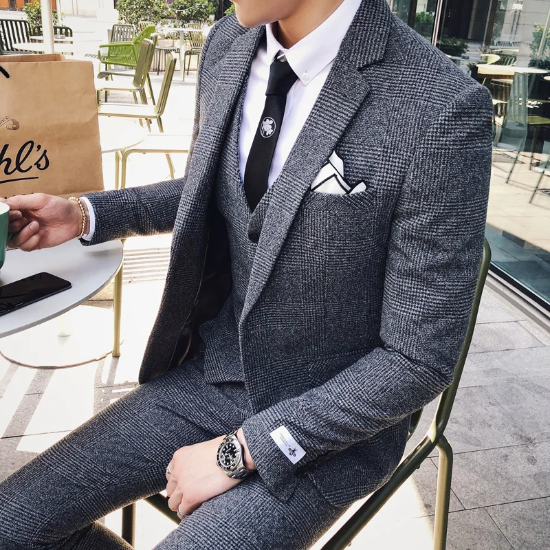 

2019 Mens Business Suits Formal Tuxedo Social Suits Mens Casacas Hombre Azul Terno Preto Slim Fit Gray Retro Plaid Suits Mens