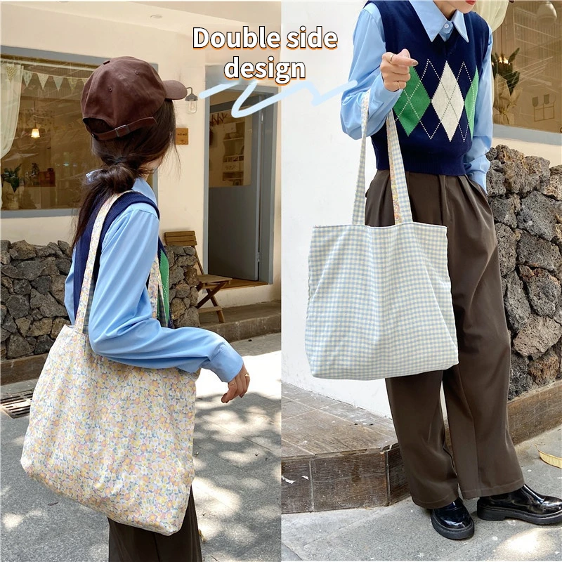 Винтажная Женская двухсторонняя сумка для покупок в клетку с цветочным принтом