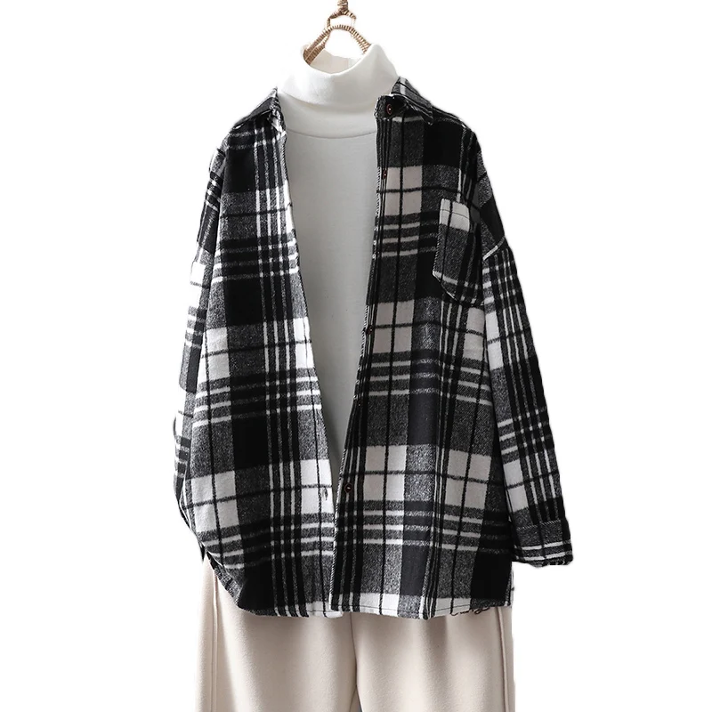 

2022 Retro Spring Autumn Long-sleeved Plaid Shirts Women Clothing Blouse Casual Woolen Sanded Shirt For Girls 143A
