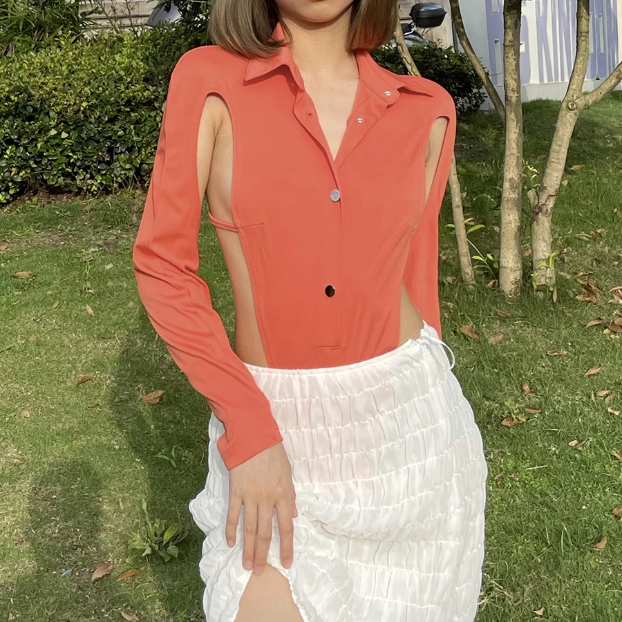 

Sylcue Summer sexy cool and handsome fried street side hollow out hot girl lapel long sleeve T shirt connection bodysuits female