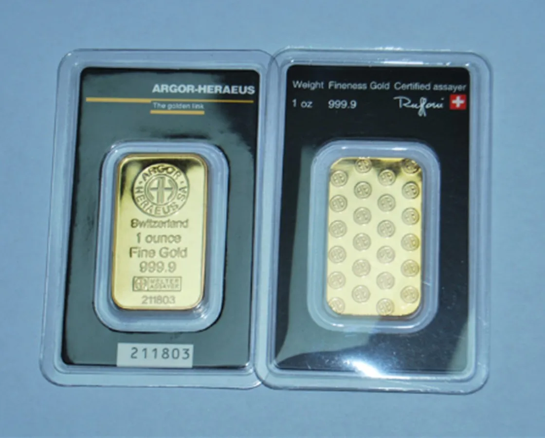 Barra de oro de Suiza a-rgor-Heraeus, chapado en oro de 24k, no magn&eacute;tico, n&uacute;mero de serie independiente, regalo de negocios, Colecci&oacute;n, 10 Uds., 1oz-0