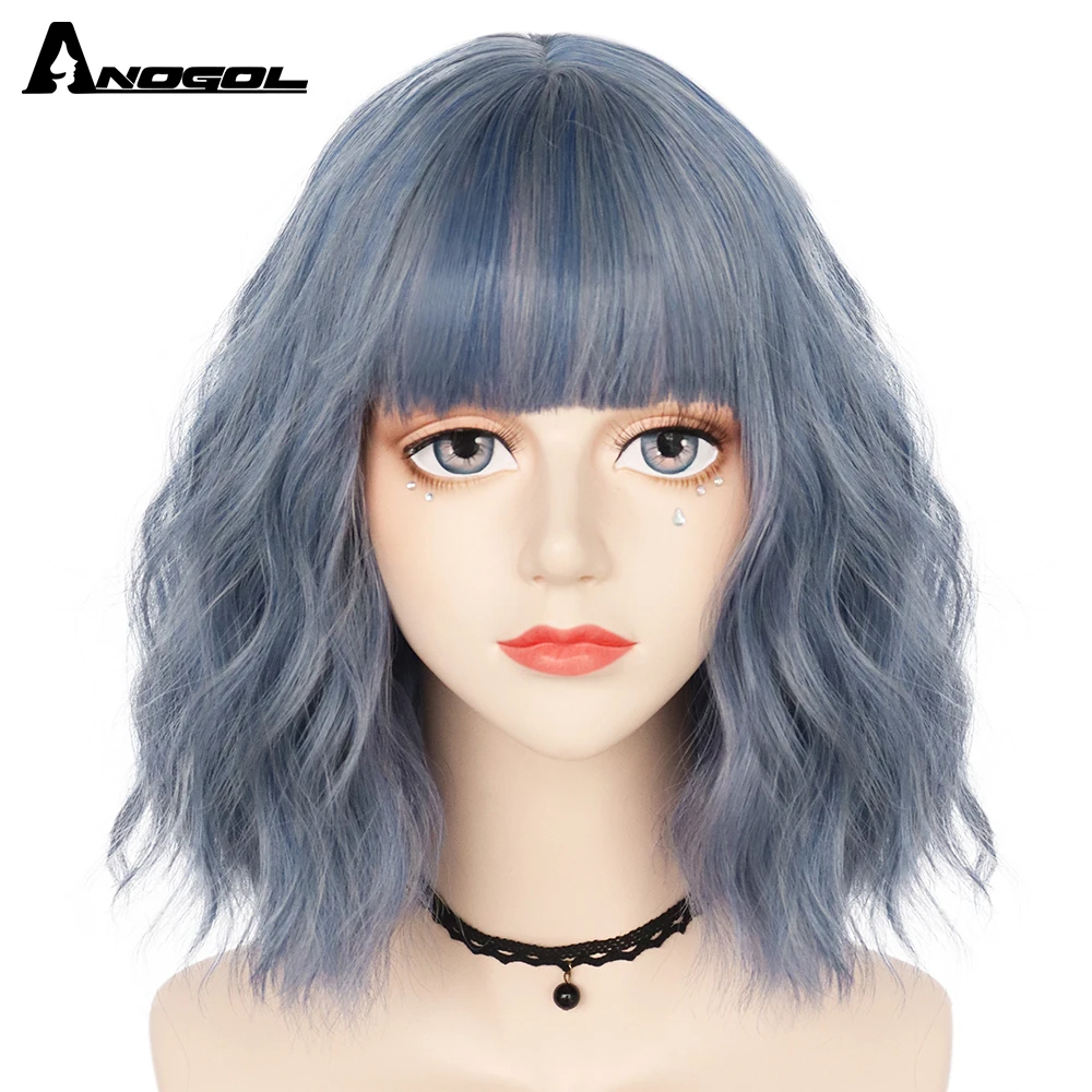 

Anogol Blue Deep Wave Wig With Bangs for Women Lolita Wig Short Hair Layered Heat Resistant Cosplay Party Synthetic Wig