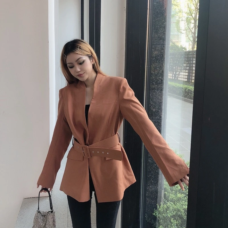 

YOSIBCD Women 2021 Chic Fashion Office Wear With Belt Blazer Coat Vintage High Waist Side Pockets Suits Pants Female Outerwear