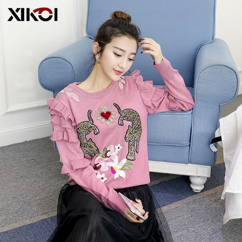 Женский свитер с вышивкой вязаные пуловеры длинным рукавом и оборками в виде