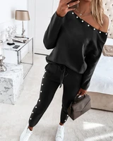spring autumn womens one shoulder beaded top drawstring pants set femme casual outfits ladies sport wear 2021 new popular