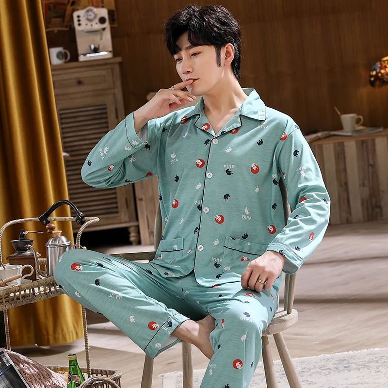 

Men's Pajama Set Autumn Winter Warm Man Pajamas Set Simple Sleepwear Long Sleeve Cotton Pajamas for Men Top Pant Leisure Outwear