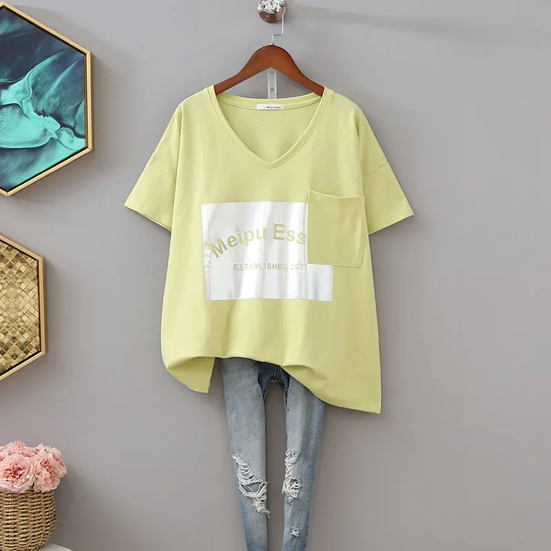 

2021 Summer European Simple V-neck Half Sleeve Women T-shirt Cotton Loose Plus Size Solid Color Top Printed Fashion Simple Tee