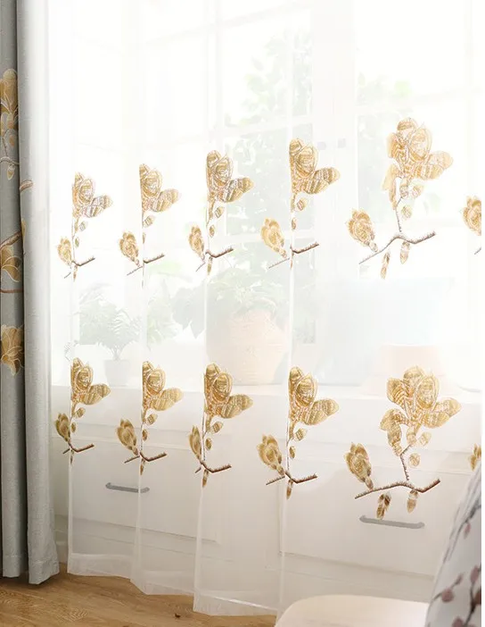 Gold 1pc Tulle Роскошная элегантная вышитая льняная занавеска s для гостиной Европейская затеняющая Толстая занавеска для спальни оконные обработки AW-49 - Цвет: Gold 1pc Tulle
