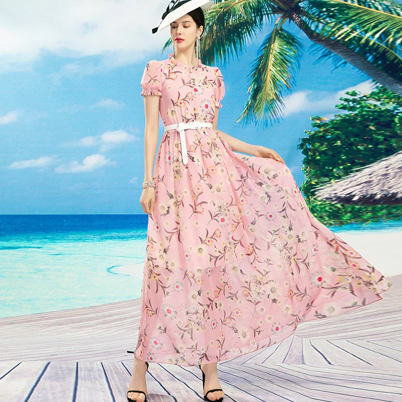 

4XL M to 2021 Summer New Vintage Fashion European Style Female Long Maxi Floral Pink Chiffon Dress Woman