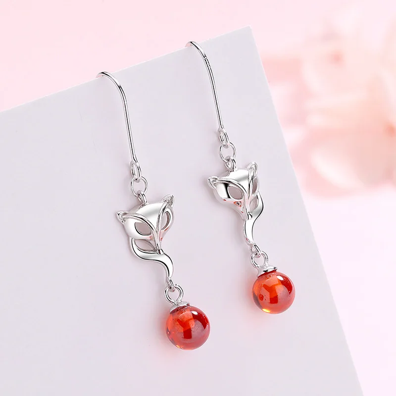 

New Red Garnet Fox Anti-lost Ear Cord Animal Personality S925 Hypoallergenic Silver Earrings Fashion Earrings Jewelry Women Fine