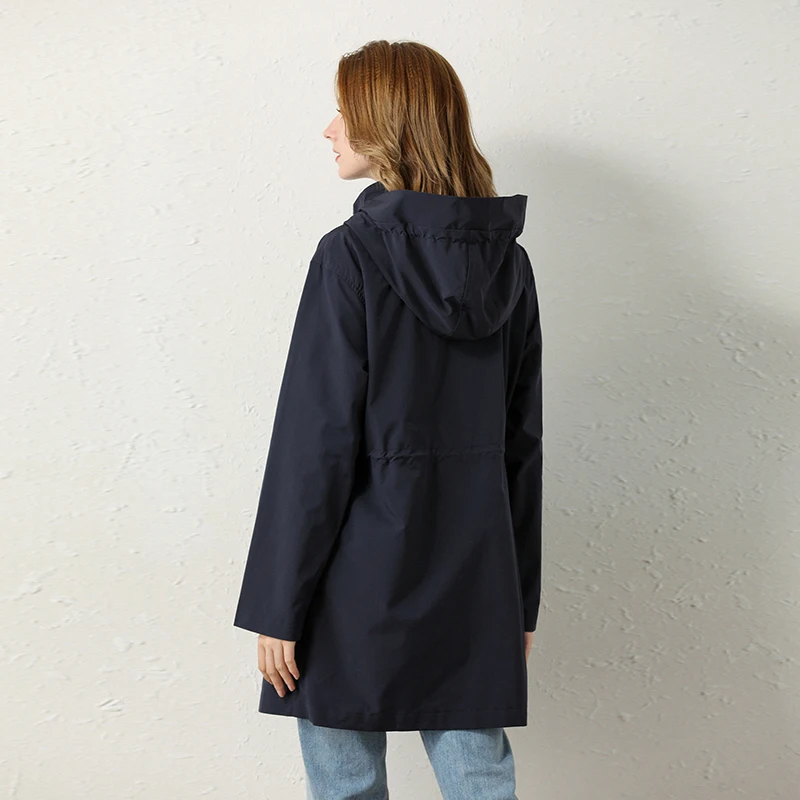 

New Elegant Fashion Women Spring Autumn Hooded Windbreaker Mid-length Korean Loose Tunic Waist Drawstring Casual Jacket