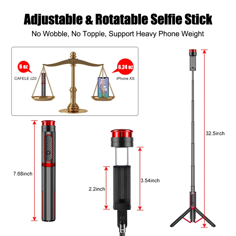 Cafele Wireless Bluetooth-Compable Selfie Stick Portable Tripod For Mobile Phone Handheld Extendable iPhone | Электроника