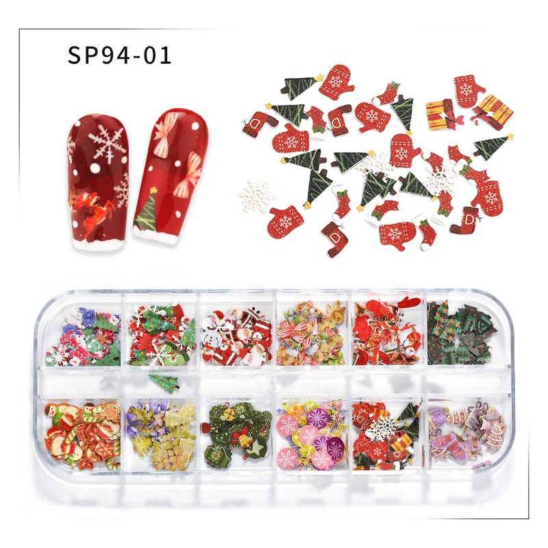 

12 Cells Manicure Wood Pulp Flakes Christmas Halloween 3D Design DIY Nail Sticker Nail Art Decoration Accessorie Press on Nails