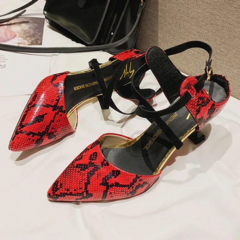 

Sandals Woman Snake Print Pointed Cross Buckle Thin Heels Large Size High Quality Brand Honorable Women Summer Shoes