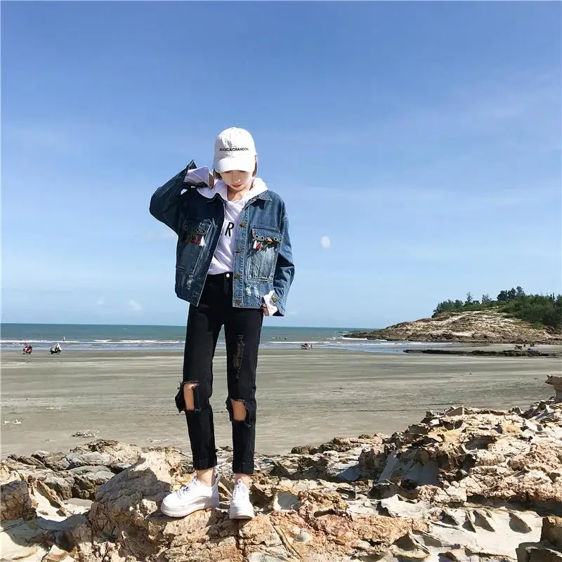 Потертая короткая джинсовая куртка с бахромой Женская винтажная Повседневная