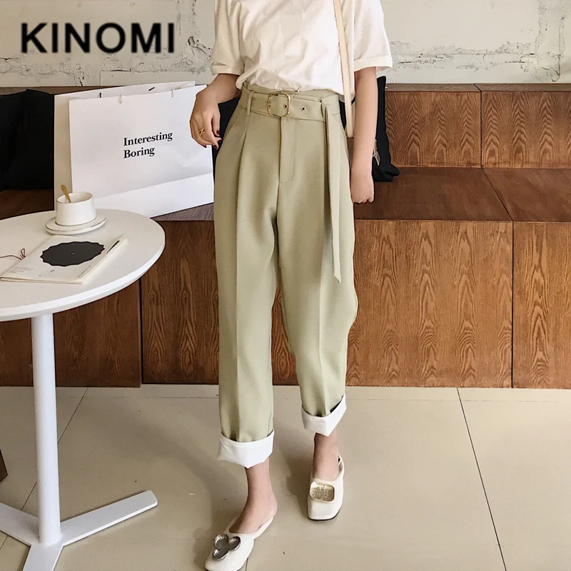 KINOMI повседневные Прямые женские брюки с поясом и высокой талией Женские рабочие
