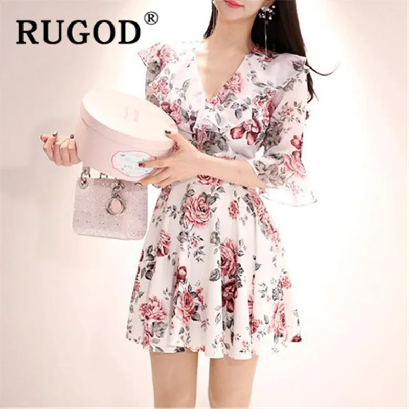 Розовый RUGOD новое летнее платье с цветочным принтом, женское платье с рюшами и v-образным вырезом, высокая талия, тонкое платье корейской версии - Цвет: Розовый