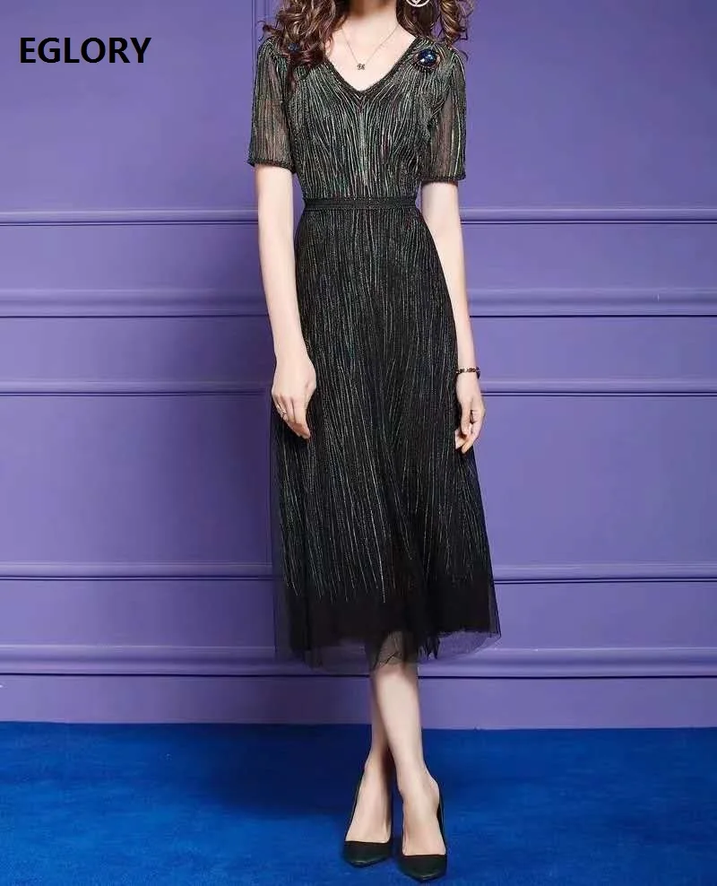 

Женское платье с блестками, темно-зеленое платье до середины икры с V-образным вырезом и коротким рукавом, украшенное бисером, 4XL, лето 2020