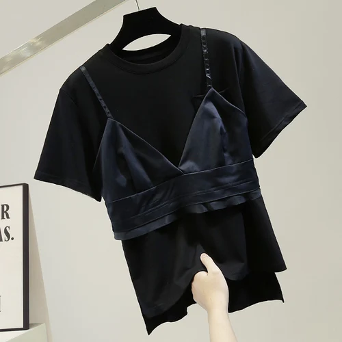 

Cotton Pullover Short Sleeve T Shirt Women's Casual Loose Top Fashion Ladies Chic Tops Tees Twopiece Female Clothes 2021 Summer