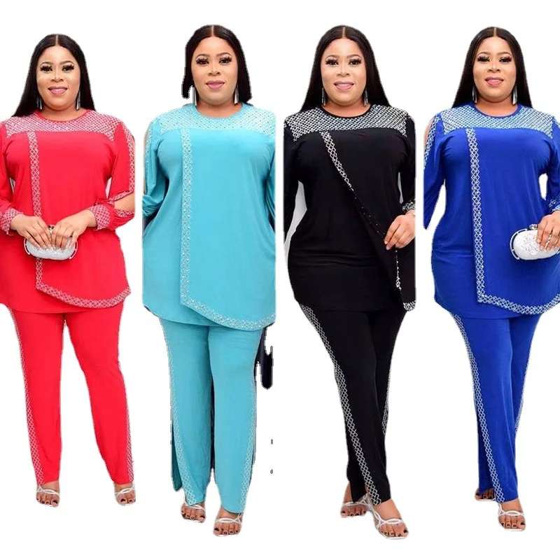 

3XL 2021 New Arrival Autumn African Women Long Sleeve Blue Red Black Two Pieces Sets Top and Long Pant African Clothes Women