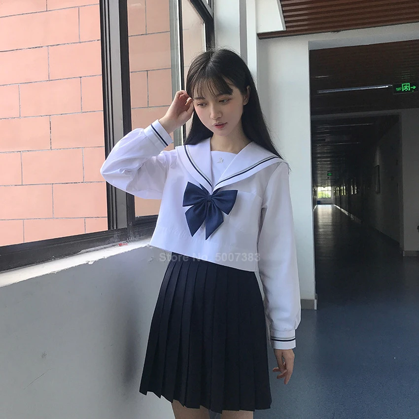

Korean Japanese High School Student Uniform Women Girls JK Suit White Blouse Pleated Knee Length Skirt Sailor Costume Navy Suit