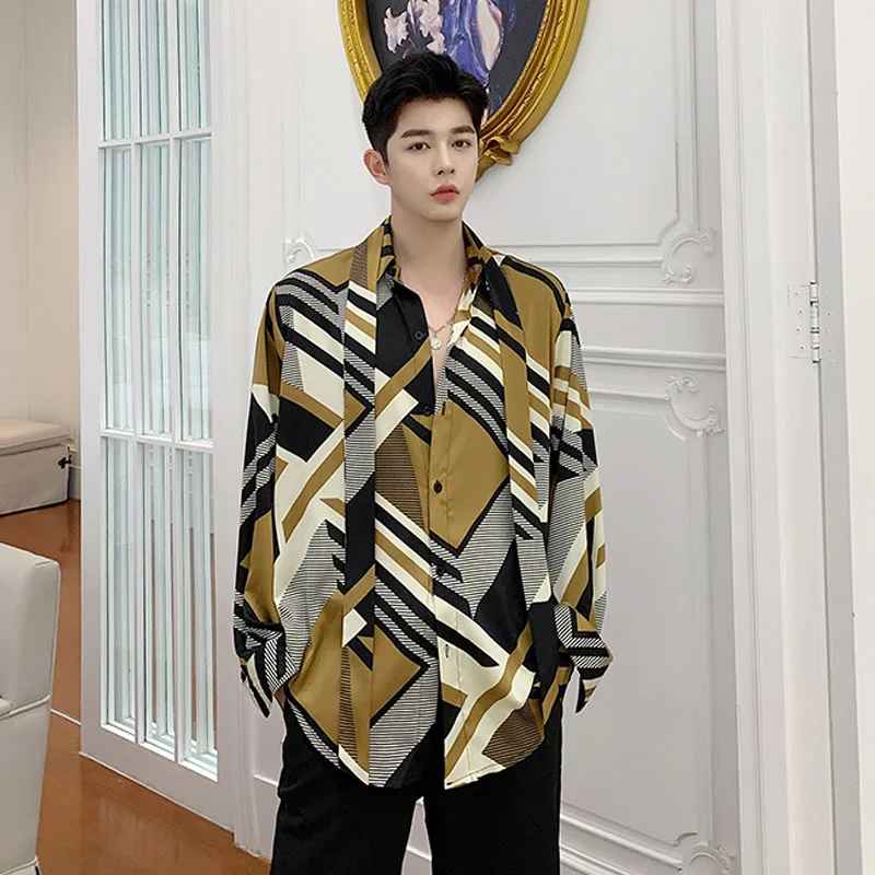 Рубашка мужская с длинным рукавом повседневная винтажным принтом