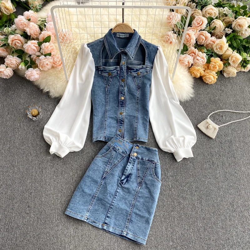 

Hong Kong style retro Lapel denim splicing bubble sleeve machine hollow top high waist slim denim skirt suit