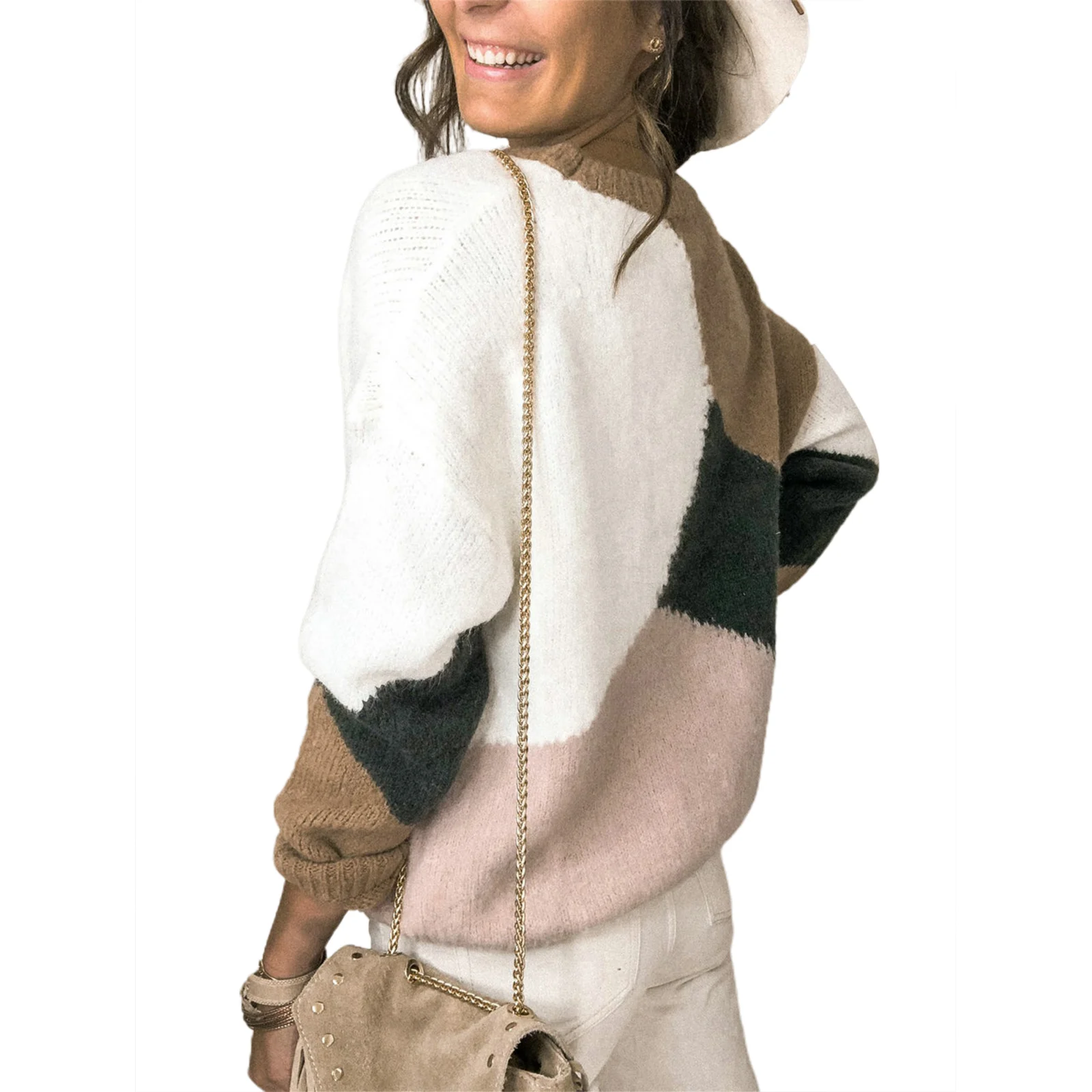 

Женский Повседневный осенний свитер с рукавами-фонариками и круглым вырезом, Женский трикотажный пуловер в стиле пэчворк, свободные свитер...