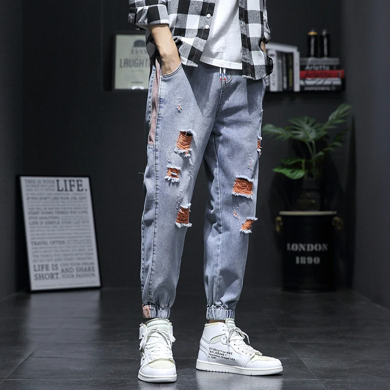 

5XL Jeans Fashion Streetwear Men Jeans Blue Color Denim Harem Pants Hombre Stripe Spliced Japanese Style Hip Hop Joggers Jeans