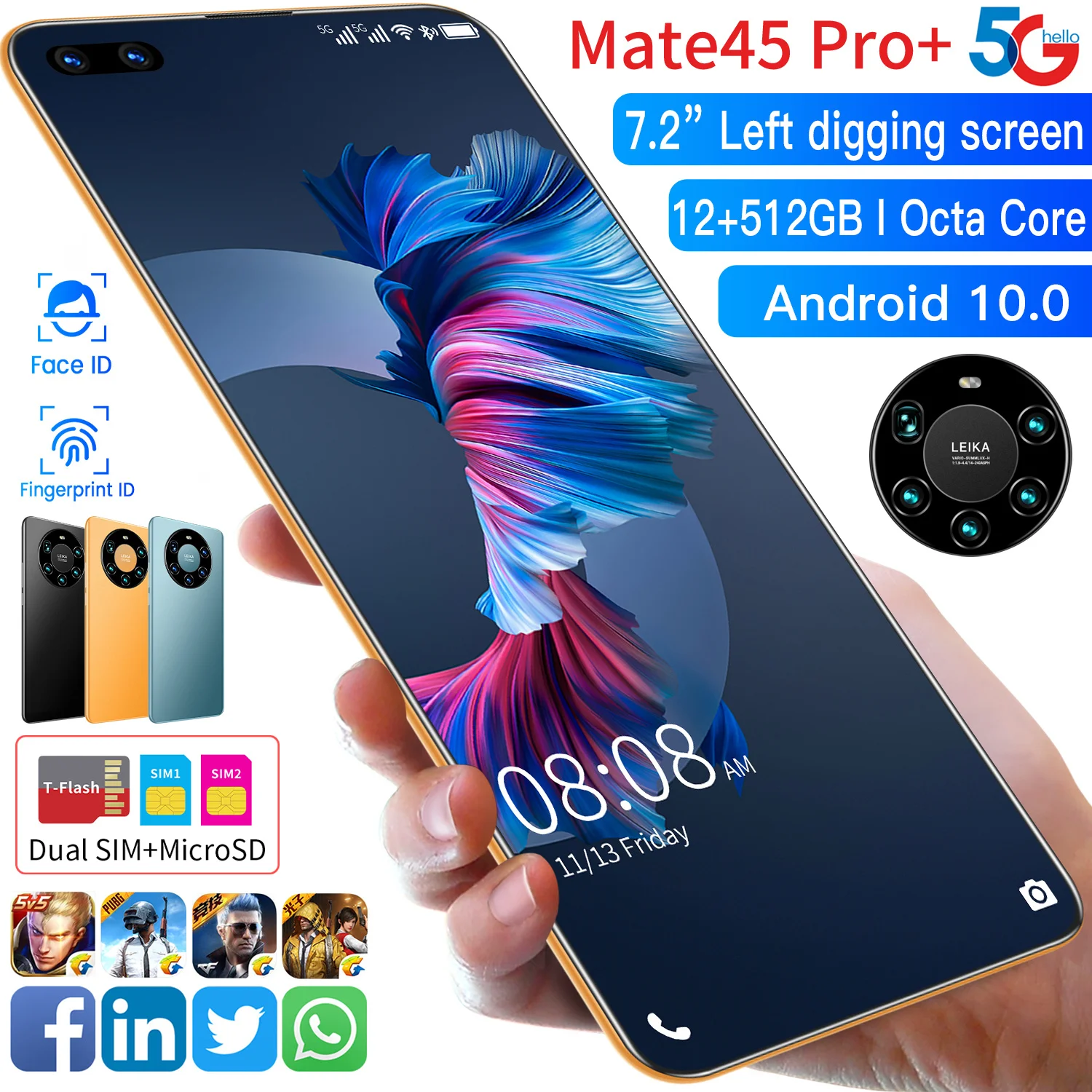 Mate45 Pro-tel&eacute;fono inteligente versi&oacute;n Global, m&oacute;vil con pantalla completa de 7,2 pulgadas, Octa Core, 24MP + 48MP, 8GB, 256GB, red 4G LTE 5G-1