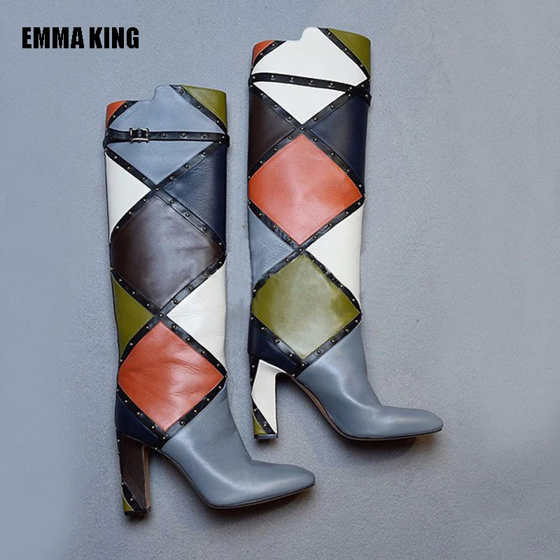 

Женская сумка из настоящей кожи, модные цветными лоскутными вставками; Женские ботинки с квадратным носком; Высокие сапоги до колена обувь ...