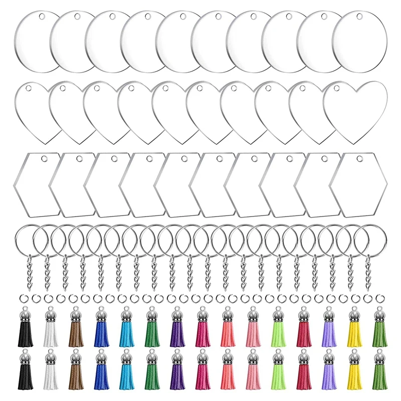 

120Pcs Acrylic Blank Ornaments Set with Tassels, Key Chain Rings, Jump Rings for DIY Keychain Making Festival Decoration