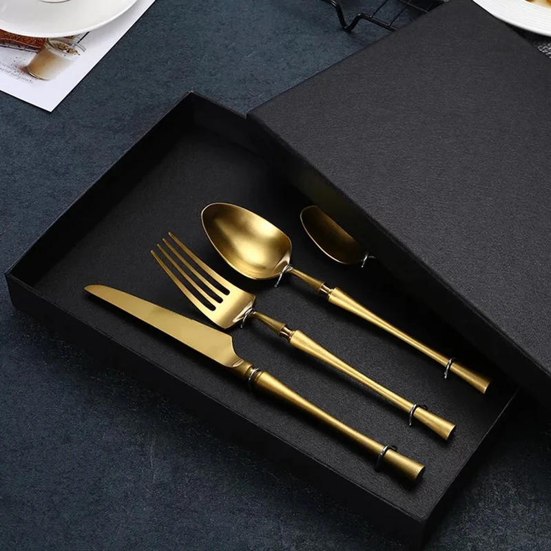 

Matte Gold Cutlery Set 304 Stainless Steel Dinnerware Set Knives Forks Coffee Spoon Silverware Set Home Dinner Western Tableware