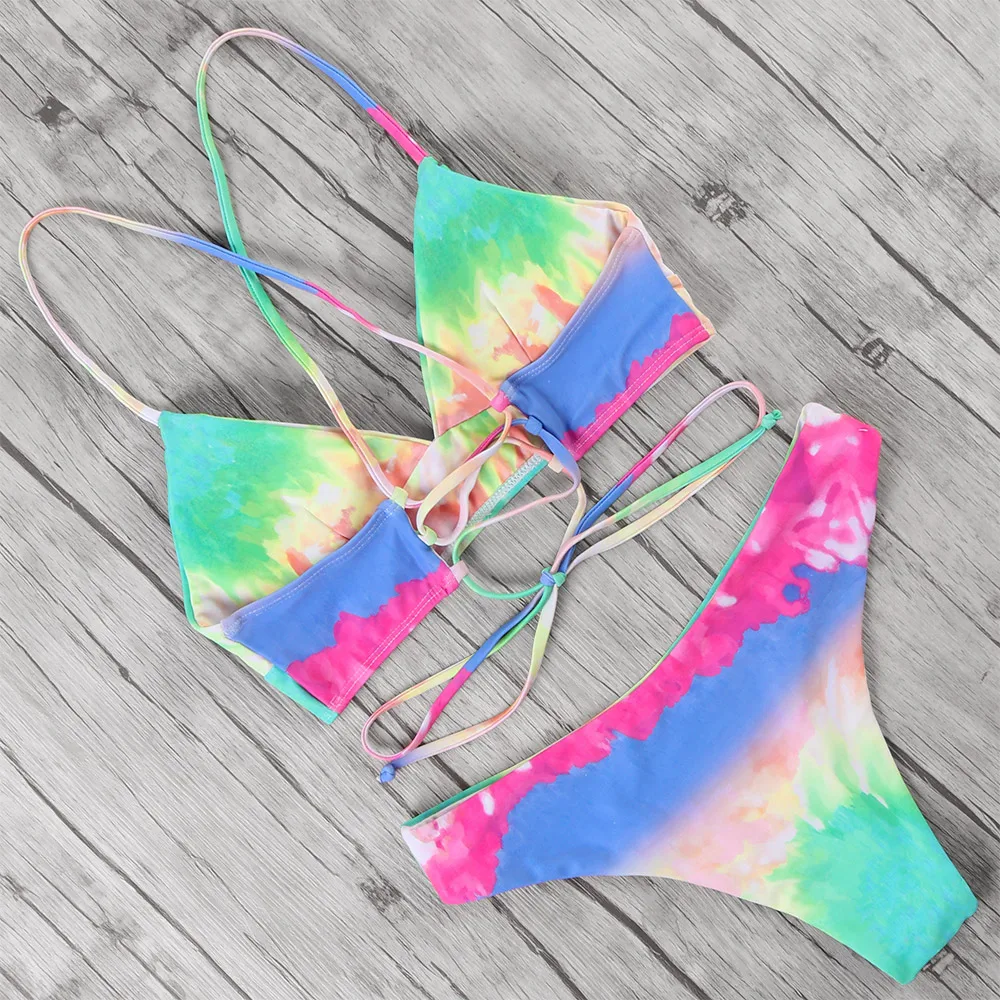 Купальник бикини с галстуком краской женский купальник высокой талией цветочным